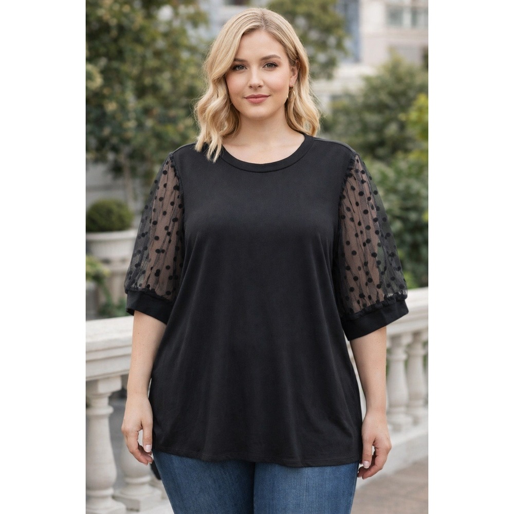 Alison Andrews Womens Large Black Shirt Top Polka Dot Mesh Sleeve Bewitched Goth